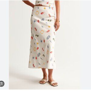Linen Blend Column White Pattern Maxi Skirt XS Lisa says gah Italian picnic